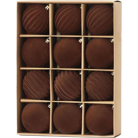 12 boules de Noël en velours, 8 cm, floquées marron, incassables, pour sapin de Noël, décoration de maison, fêtes de fin d'année et autres occasions. (1/5)