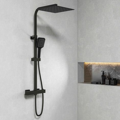 AICA Thermostat-Duschsystem in Schwarz - 12 Zoll Edelstahl-Kopfbrause, 3 Strahlarten Handbrause, höhenverstellbare Duschsäule, Regendusche mit Anti-Verbrüh-Schutz