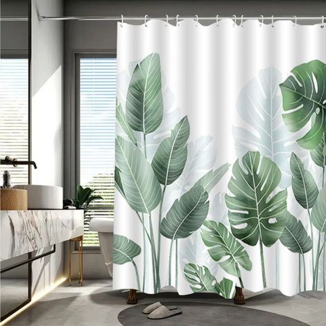 Rideau De Douche - Polyester - 120 X 180 Cm - Anti-moisissure - Motif Feuilles Tropicales - Avec Anneaux - 1 Piece
