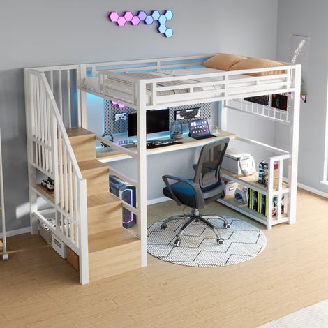 Lit mezzanine enfant 90 x 200 cm en métal et MDF blanc avec bureau, étagères et LED (1/5)