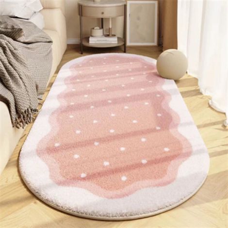 Tapis Ovale - Hauteur de Poil Élevée - Matière Polyester - Dos Antidérapant en Caoutchouc - Pour Chambre à Coucher ou Salon - 40 cm x 80 cm - Rose (1/5)