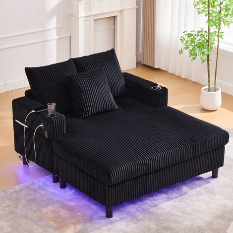 Fauteuil chaise longue en velours côtelé noir 142 x 128 x 85 cm avec USB, LED et porte-gobelet (1/5)