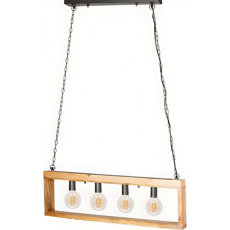 Lampadario cornice rettangolare 4 lampadine H.31xL.100cm Legno e Metallo Naturale e Nero Industriale - OLIUS