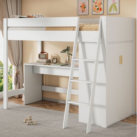 Cama alta infantil blanca 90x200 cm de madera maciza con escritorio, armario y somier de láminas
