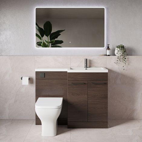 Napoli 390 Brown Oak 1100mm 2 Door Vanity Unit Toilet Suite with Square Right Hand Lucia Basin - 1100mm - Gunmetal Grey 160mm HandleWith Kingston Toilet Pan and Seat