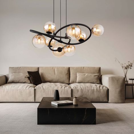 Lampada a sospensione 8 fiamme LED a sospensione per tavolo da pranzo lampada da soggiorno retrò, nero, globi di vetro ambra, 8x 3,5W 8x 350lm bianco caldo, DxH 65 x 120 cm