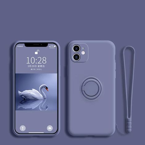 Coque de téléphone en silicone liquide souple (grise) pour iPhone 12 mini, avec support, anneau et dragonne. (1/5)