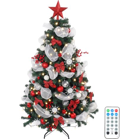 HOMCOM árbol de Navidad predecorado con 200 led 180 cm, 800 ramas, 8 modos, bolas, cintas, lazos, mando, base metálica plegable, funciona con usb (1/5)