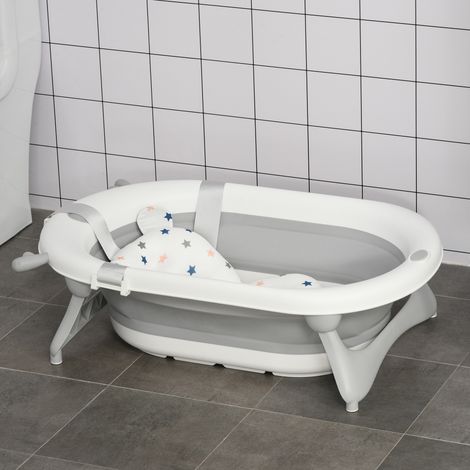 Vaschetta Bagnetto Pieghevole per Bambini 0-3 Anni con Indicatore di Temperatura e Cuscino, 81.5x50.5x23.5cm, Bianco