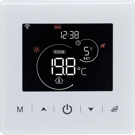 WLAN-fähiger, batteriebetriebener Gasthermostat, programmierbarer 2-Draht-Raumthermostat, steuerbar über Tuya oder Smart Life, kompatibel mit Alexa und Google Home Sprachsteuerung, 3 A, Weiß, Wandmont (1/5)