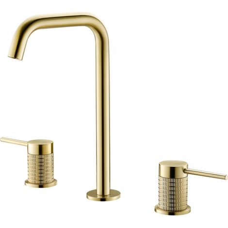 Bassin Robinet Laiton Rose Salle de Bain Robinet de robine de Salle de Bain généralisée robinets 3 Trous Double poignée à Chaud et Eau Froide(Brushed Gold) (1/5)