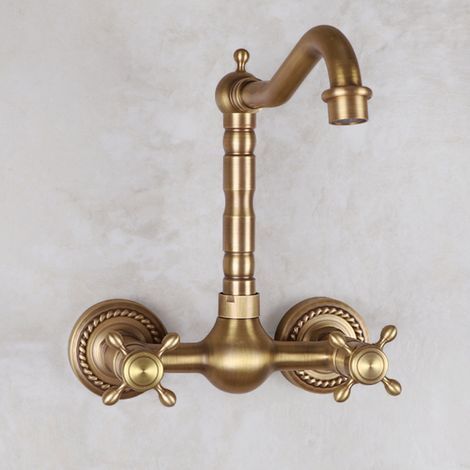 Wandmontierter Küchenarmatur aus Messing im Retro-Stil, wandmontierter Spültischmischer mit Doppelgriff in Antikbronze, um 360° drehbarer Badezimmer-Wandmischer aus Kupfer, 16 cm Auslauf (1/5)
