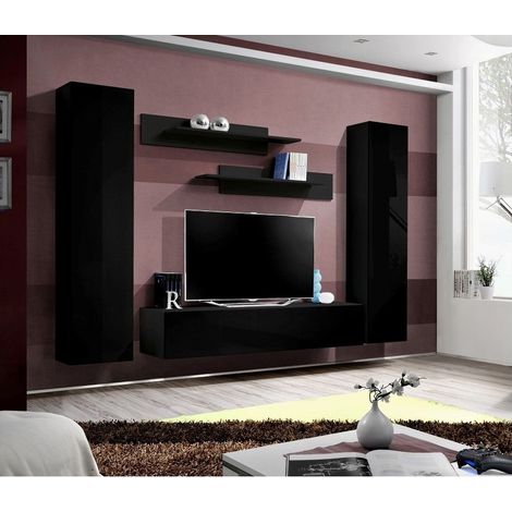 Ensemble meuble TV mural  - Fly I - 260 cm x 190 cm x 40 cm - Noir - Livraison gratuite