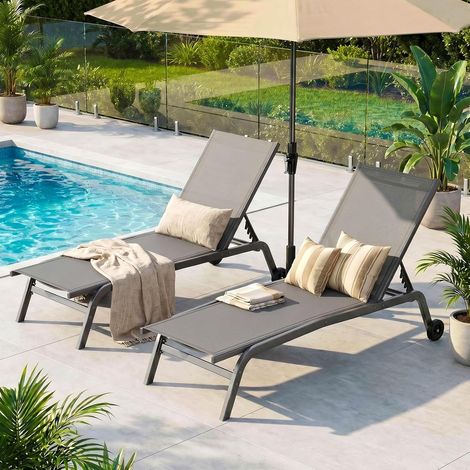 Lot de 2 Transats de Soleil,Chaise Longue de Jardin avec Roulettes,Dossier Réglable en 5 Positions,pour Piscine Balcon,Gris