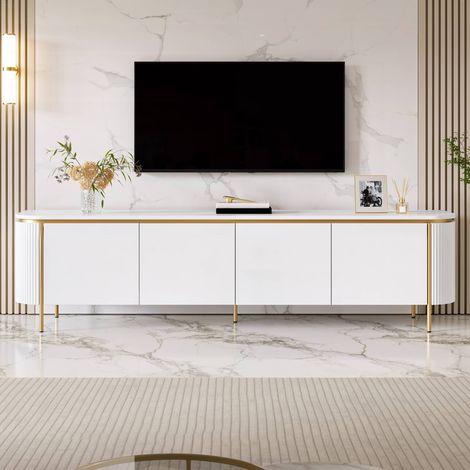 Meuble TV bas 180 cm, 6 portes et passe-câbles avec finitions cannelées, MDF et métal, salon, blanc (1/5)