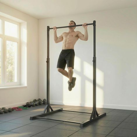 Station de musculation Power Tower de 200 kg avec barre de traction et 8 niveaux de hauteur, noire