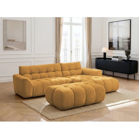 BOBOCHIC - Canapé d'angle fixe JAYA tissu chenille avec pouf Angle droit Jaune (1/5)