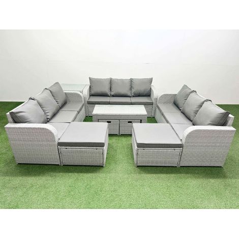 Fimous Outdoor Garden Furniture Set PE Rattan 3 Seater Sofa Set with Oblong Coffee Table 4 Footstools Side Table Light Grey (1/4)