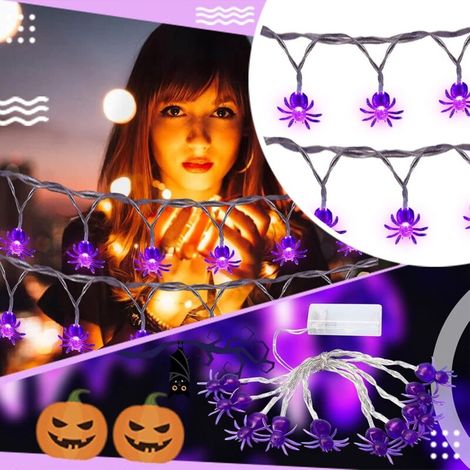 Luci decorative di Halloween, 10 LED viola a forma di ragno, alimentate a batteria, effetto ragno 3D in plastica per Natale, festival, feste e decorazioni per interni (2 m) (1/5)