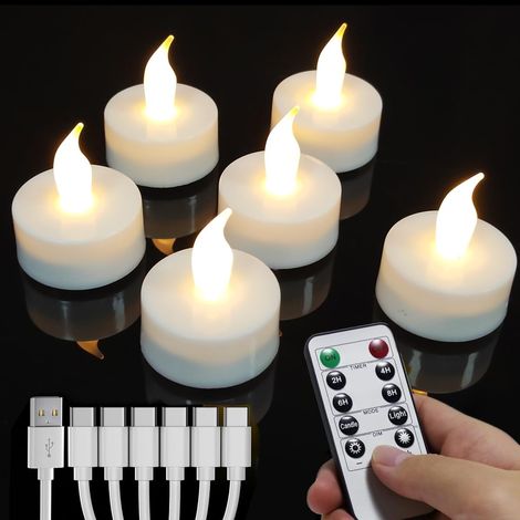 Lot de 6 bougies chauffe-plat LED rechargeables - Avec télécommande et minuterie - Avec câble de charge USB à 6 ports - Pour mariages, fêtes, Halloween, Noël, décoration d'intérieur (1/5)