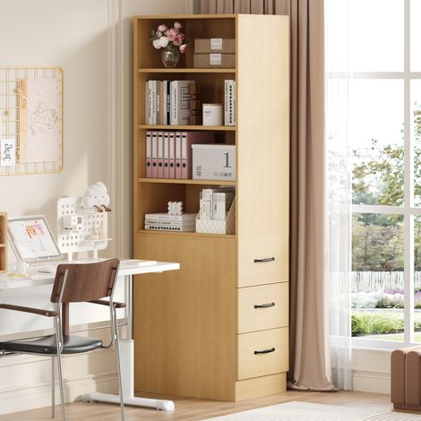 180 cm hohes, extra schmales Bücherregal mit seitlichen Schubladen - Verstellbare Böden, links und rechts austauschbar, geeignet für kleine Räume -Sideboard, Wohnzimmer-Hochschrank, Bücherregal (1/5)
