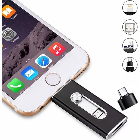 Clé USB 256 Go 4 en 1, compatible iPhone, iPad, Android et PC, stockage externe pour photos, vidéos et fichiers, Plug-and-Play, noir (1/5)