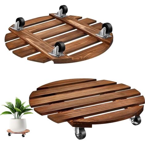 Support à plantes en bois en 2 pièces avec roulettes, support rond de 30,5 cm de diamètre avec roulettes pivotantes à 360° et verrouillables, chariot robuste pour pots de fleurs lourds, à utiliser à l (1/5)