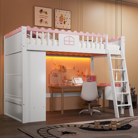 Lit mezzanine enfant en bois 90x200cm avec LED,armoire et tiroir, fenêtre,garde-corps,certifié EN 747,MDF,sans matelas,blanc et rose (1/5)