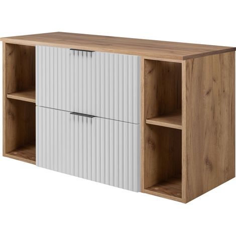 Furnidea - Meuble sous vasque FLOW BLANC 100 cm avec 2 x l'étagères - extensions et plan CHÊNE - 2 tiroirs - façades rainurées (1/5)