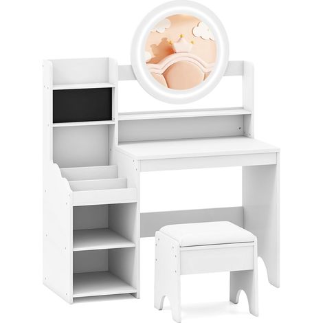 COSTWAY Toeletta Trucco per Bambina con Sgabello, Set Tavolo Trucco in Legno con Specchio Luci LED, Scaffale Aperta, Spazi per Annelli e Sgabello Imbottito, Mobile da Principessa per 3+ Anni (Bianco)