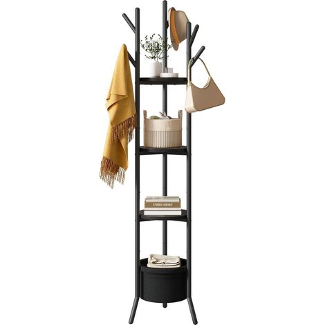 Porte Manteau, Portant à Vêtements avec Étagères de Stockage, Arbres de Hall avec 1 Panier en Tissu, Meuble d'Entrée, Design Industriel, pour Chapeaux, Sacs Chambre, Noir HGR005B (1/5)