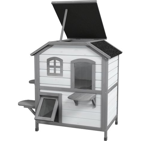 Katzenhaus, gemütlicher Unterschlupf, 2 Ebenen, wetterfest, 99,5 x 76 x 91 cm, Weiß + Grau