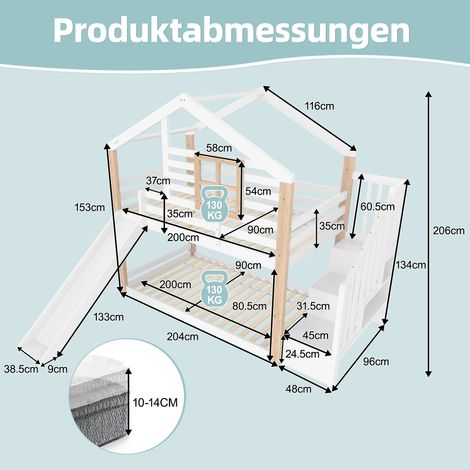 Lit superposé pour enfants avec toboggan et échelle, design nordique, cadre en bois massif, sécurisé et stable, barrière de protection incluse, espace de rangement intégré, gain de place, parfait pour