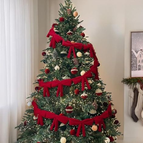 JSSEVN - Guirnalda navideña de terciopelo rojo de 2,7 m con 6 lazos, decoración festiva para chimenea, repisa, árbol, puerta, decoración del hogar. (1/5)