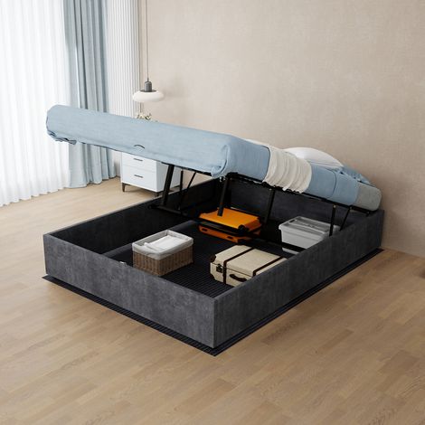 MODFU – Lit coffre 140x200 cm velours – Tête de lit haute et sommier à lattes – Espace de rangement sous lit – Gris (1/5)