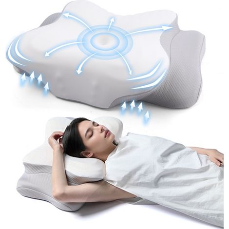 Oreiller Ergonomique Cervical 2 en 1 Oreiller Memoire Forme pour la Nuque, Coussin pour Dormir sur Le côté, Le Dos et Le Ventre, 62x37x10/14cm (1/5)
