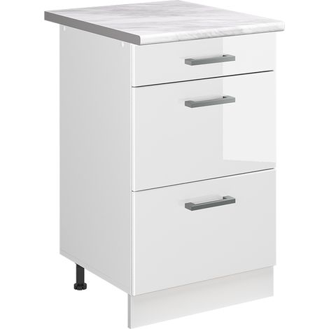 Küchenunterschrank R-Line, Weiß Hochglanz/Weiß, 50 cm Arbeitsplatte Marmor, Vicco