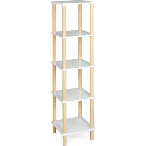 Étagère de rangement - JUANIO - Étagère colonne 5 niveaux - Blanc - Finition bois clair - 35x35x138 cm (1/4)