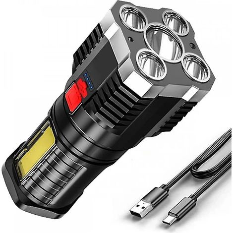 Lampe torche LED rechargeable ultra-puissante et ultra-lumineuse, avec éclairage latéral et 5 LED pour une utilisation en extérieur. - AquaForge (1/4)