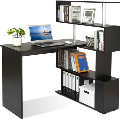 L-förmiger Computertisch mit drehbarem Bücherregal, schwarz (1/5)