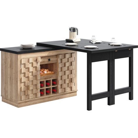 Îlot de cuisine pivotant 360° multifonction avec table extensible 120 à 197 cm, rangements intégrés, tiroirs et porte patchwork, bois clair, MDF et métal - CHICFURN (1/5)