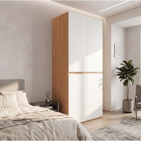 Armoire penderie 4 portes avec tiroir à bijoux, 90 x 50 x 200 cm, MDF blanc décor chêne REDOM (1/5)