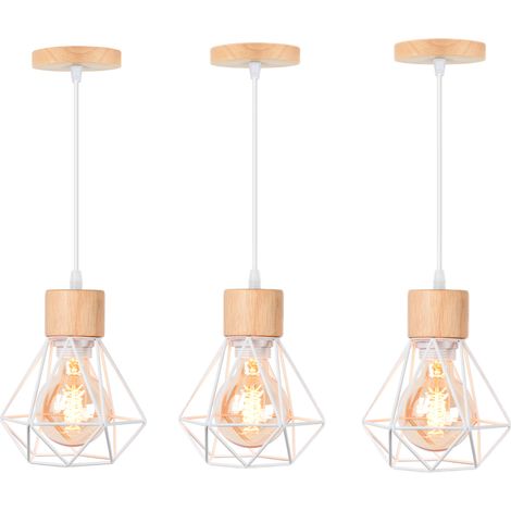 E27 Lampes Suspension Industrielle Vintage Lustre Suspension en Métal Cage et Bois Ø15,5CM Blanc - 3Pcs