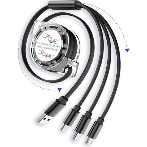 Einziehbares Dreifach-Ladekabel mit USB-C-, Micro-USB- und Lightning-Anschlüssen für iPhone und Android