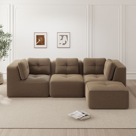 Canapé d'angle modulable velours côtelé marron avec pouf 3 places assise profonde