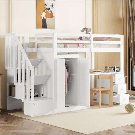Hochbett 90x200 cm weiß aus Kiefernholz und MDF mit Schreibtisch, Kleiderschrank, Schubladen und Stauraumtreppe (1/5)
