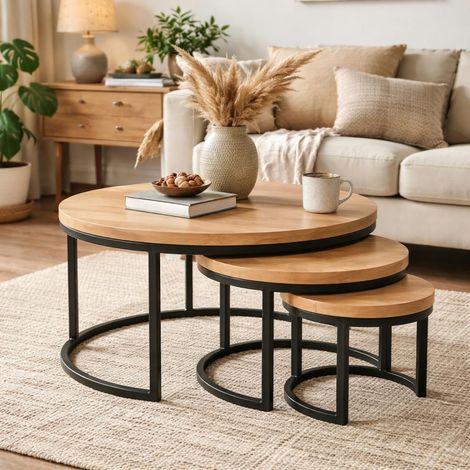 Table basse gigogne ronde en bois clair (lot de 3) RIVANO (1/5)