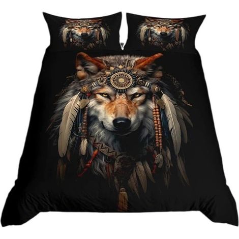 Housse de couette attrape-rêves loup 3D 240x260cm, parure de lit avec taies d'oreiller (1/5)