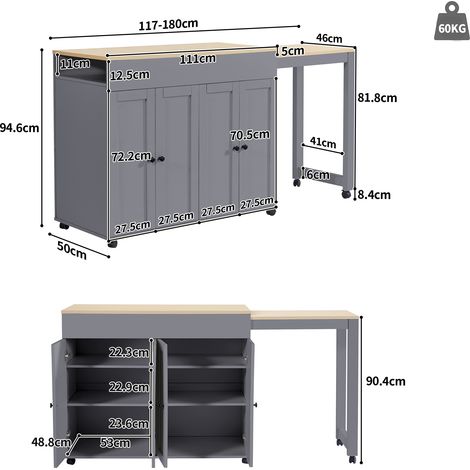 Table de bar extensible moderne (118-180×50×94cm), table à manger extensible avec rangement, six étagères, table haute/table bistro, pour salle à manger, utilisable comme cloison de salon, grise (1/5)
