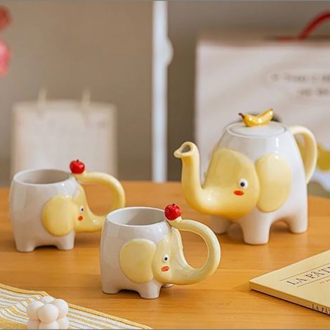 (Ensemble de 3 pièces) Service à thé européen en céramique en forme d'éléphant, service à thé exquis (une bouilloire et deux tasses) (1/5)